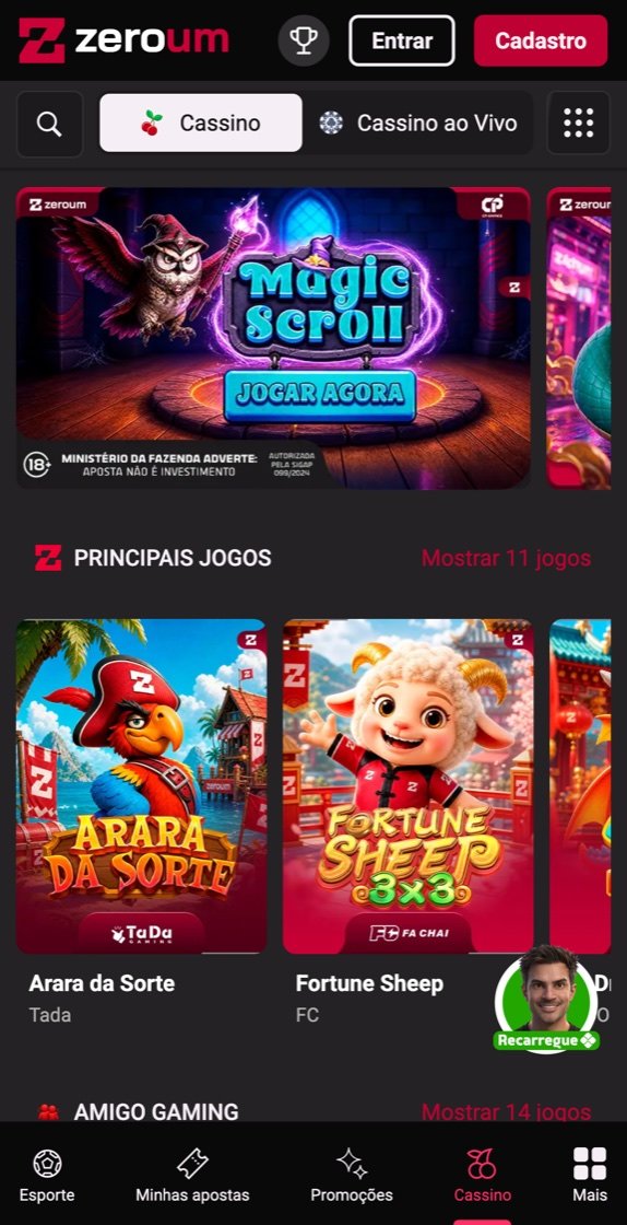 Zeroum aberta no navegador de um celular Android: aba Cassino, banner promocional e a seção Principais Jogos