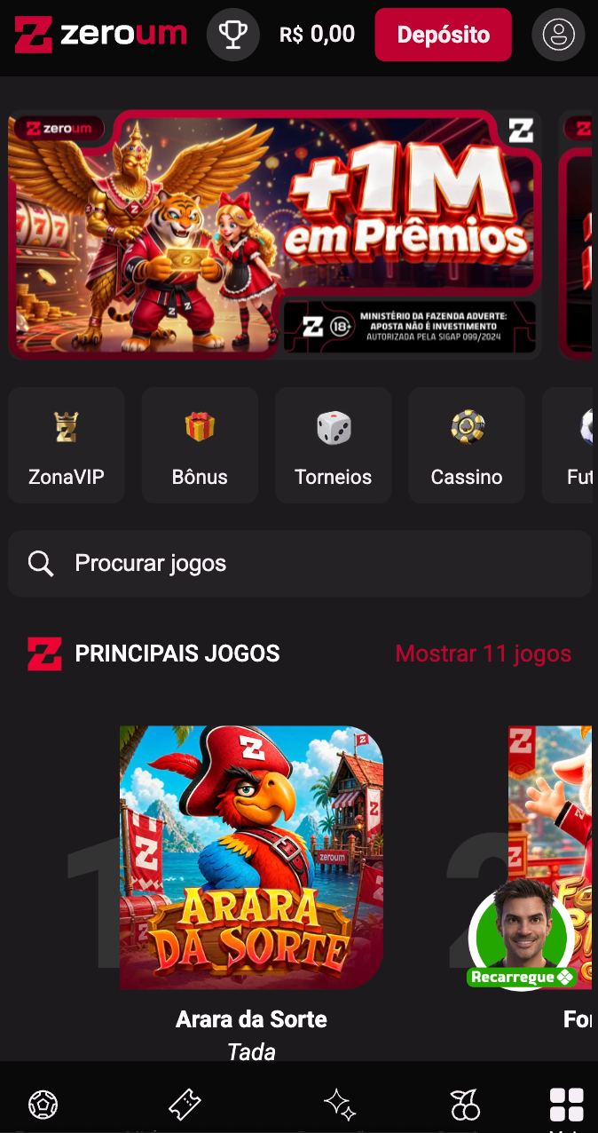 Zeroum aberta no Safari de um iPhone: banner promocional, atalhos ZonaVIP, Bônus, Torneios e Cassino e a seção Principais Jogos