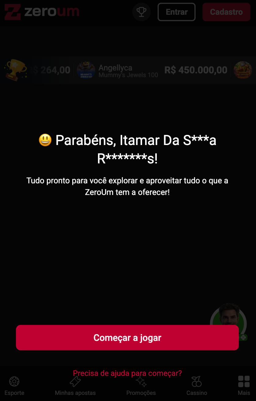 Tela de confirmação do cadastro na Zeroum com a mensagem Parabéns e o botão Começar a jogar