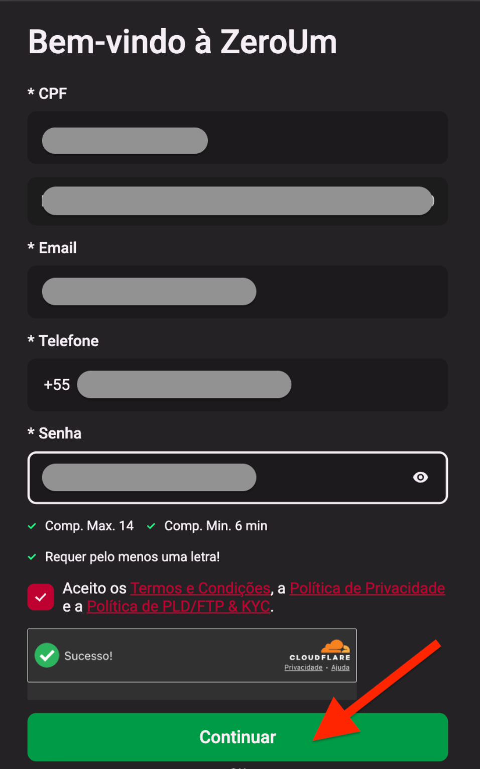 Tela de cadastro da Zeroum no celular com os campos CPF, e-mail, telefone e senha e o botão Continuar