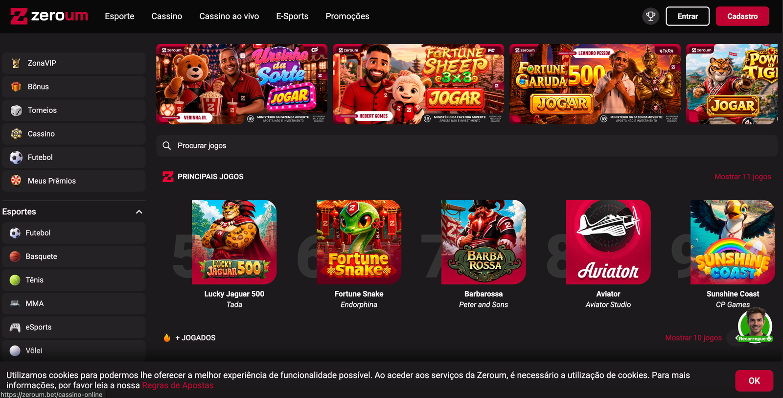 Página inicial do cassino da Zeroum com banners de jogos e a seção Principais Jogos