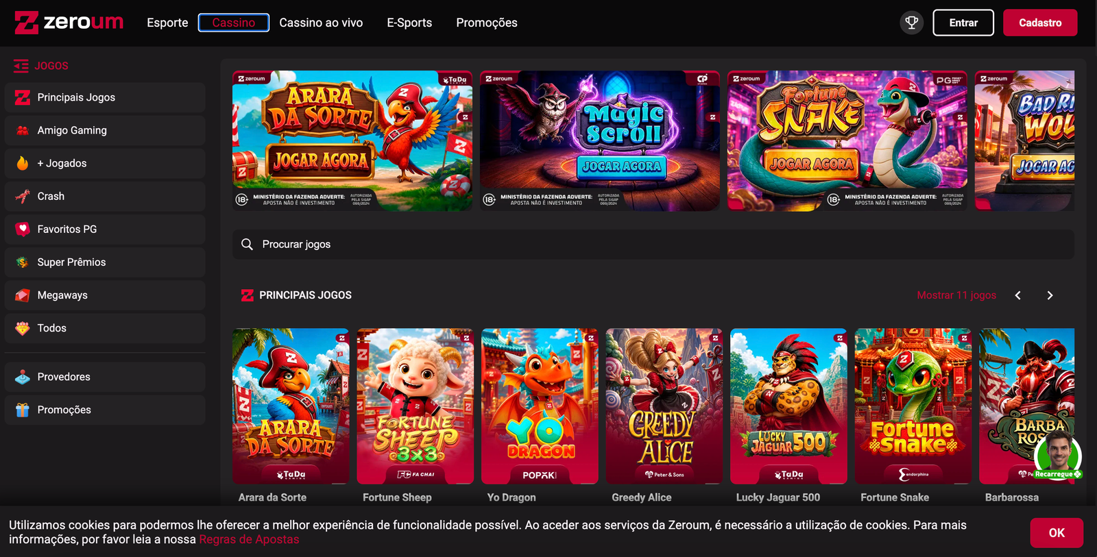 Lobby do cassino da Zeroum com a aba Cassino ativa, banners de jogos e a lista Principais Jogos