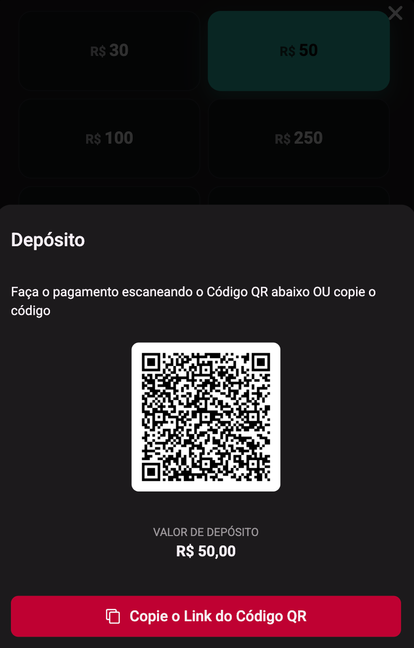 Tela de depósito via Pix com QR Code e botão para copiar o código