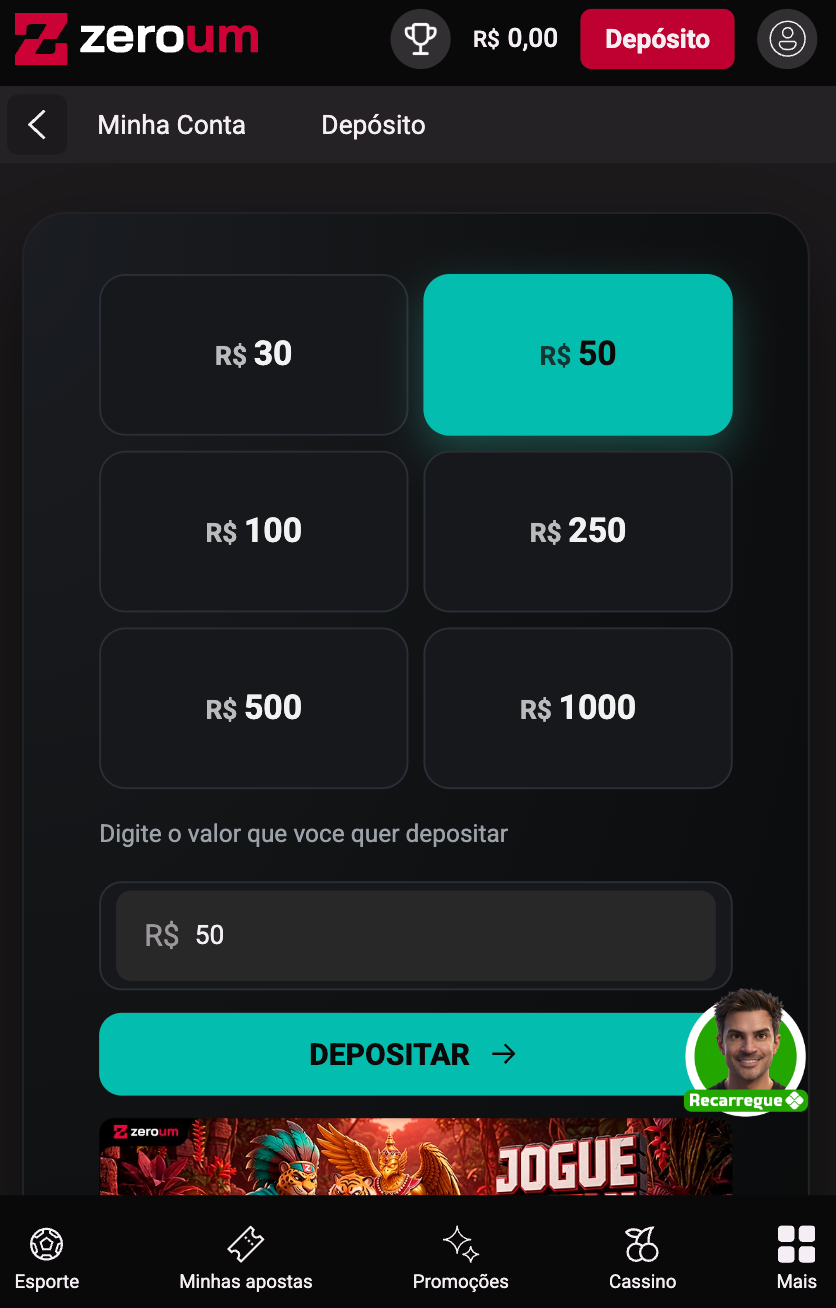Tela de depósito da Zeroum no celular com valores sugeridos e campo para digitar o valor