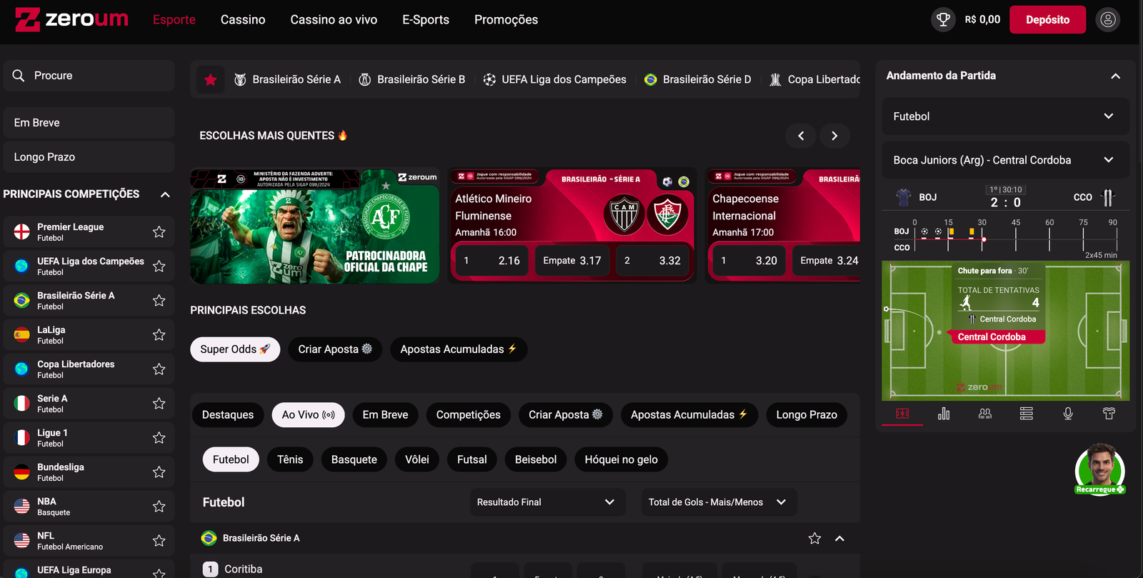 Página de apostas esportivas da Zeroum com banner Patrocinadora oficial da Chape e odds do Brasileirão