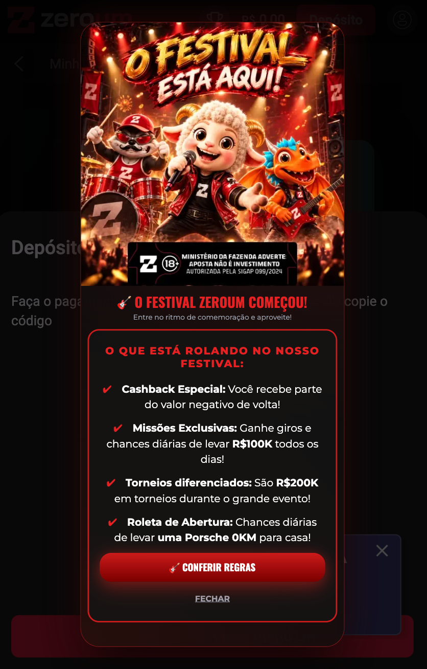 Pop-up promocional da Zeroum com a lista de ações do festival: cashback, missões, torneios e roleta
